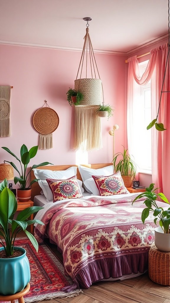 A cozy boho style bedroom with light pink walls, a patterned duvet, and hanging plants.