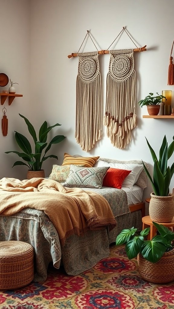 Cozy boho bedroom with macramé wall hangings, layered bedding, and indoor plants.