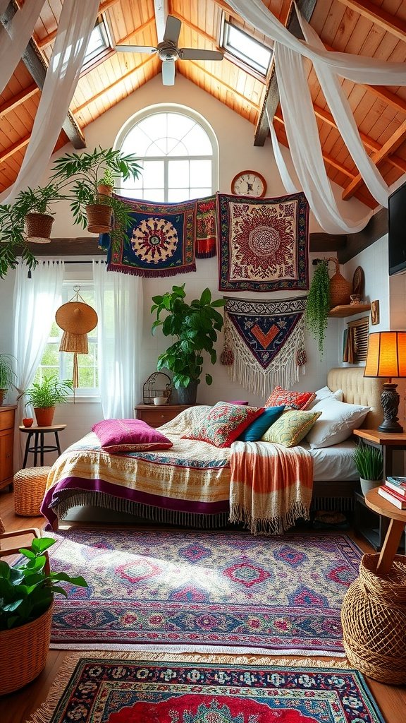 A cozy loft bed in a Boho-style bedroom, decorated with colorful textiles, plants, and layered rugs.