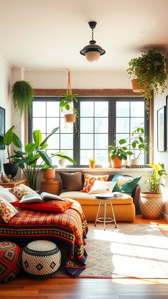 A cozy boho-inspired living area featuring vibrant textiles, plants, and natural light.