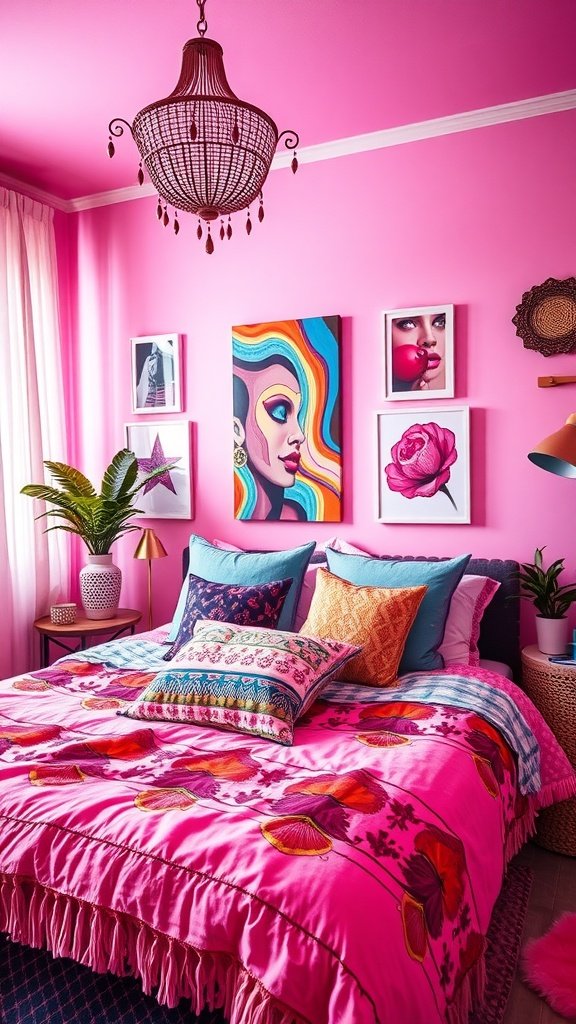 A vibrant pink boho style bedroom featuring colorful bedding, pop art on the walls, and a stylish chandelier.