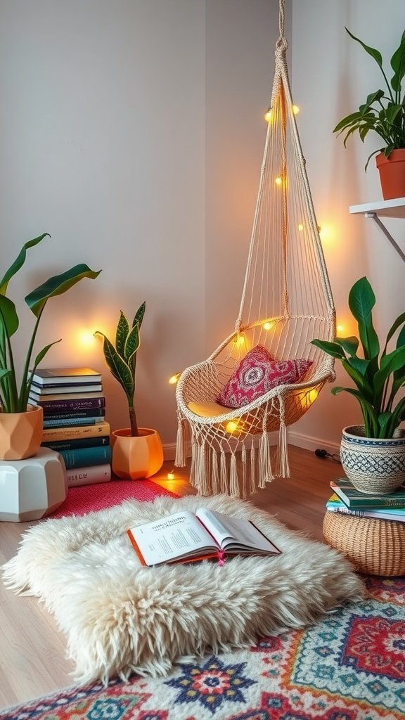 A cozy Boho reading corner featuring a hanging chair, plants, and a fluffy rug.