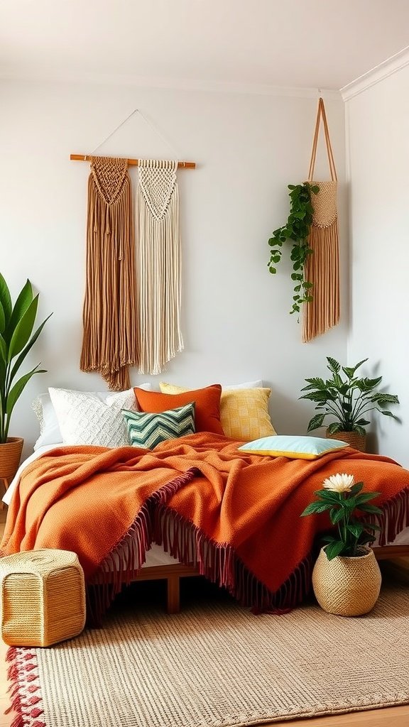 A cozy minimalist bedroom featuring a vibrant orange blanket, macramé wall hangings, and indoor plants.