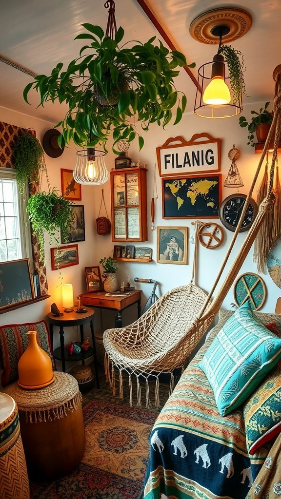 A cozy Boho Traveler’s Room featuring hanging plants, a macramé swing chair, and travel-themed wall decor.