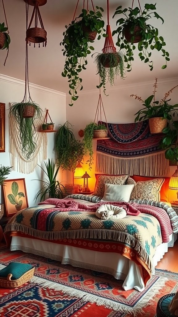 A cozy bohemian bedroom with hanging plants, a layered bedspread, warm lighting, and colorful rugs.