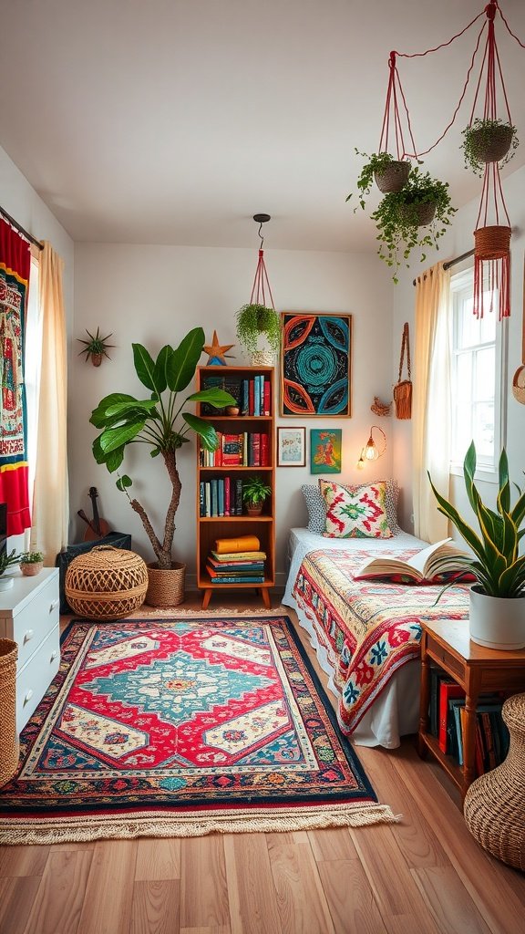 A colorful bohemian-style teenager's bedroom with vibrant rugs, plants, and cozy decor.