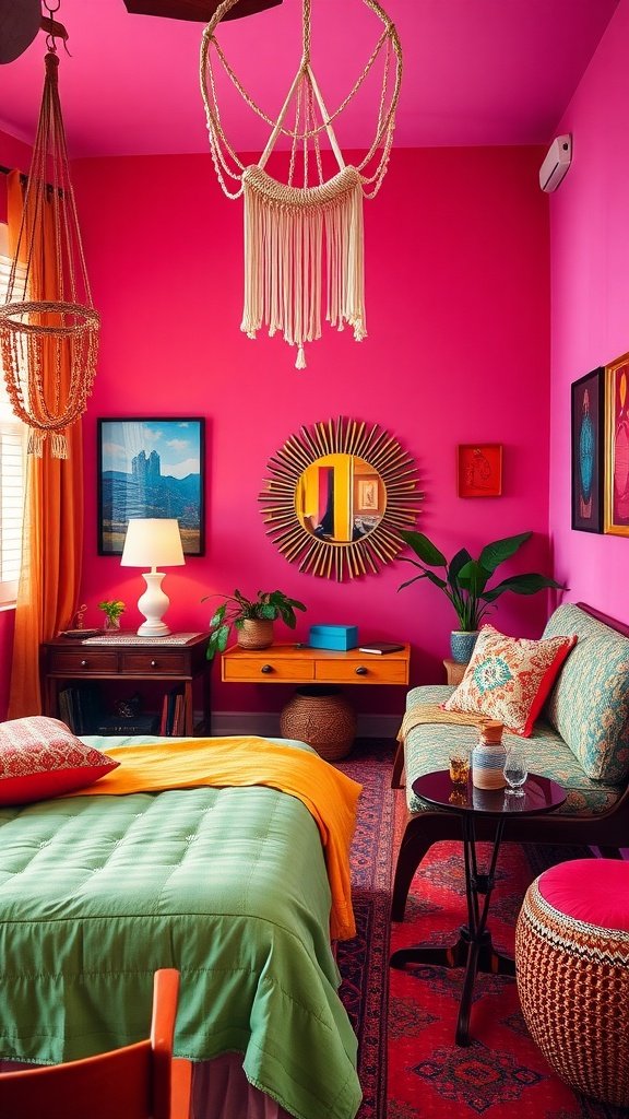 A vibrant 1970s boho style bedroom featuring pink walls, green bedding, and eclectic decor.