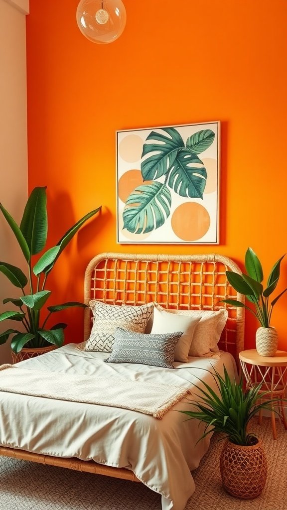 A chic boho bedroom featuring a bold orange wall, tropical abstract art, a rattan headboard, and lush green plants.