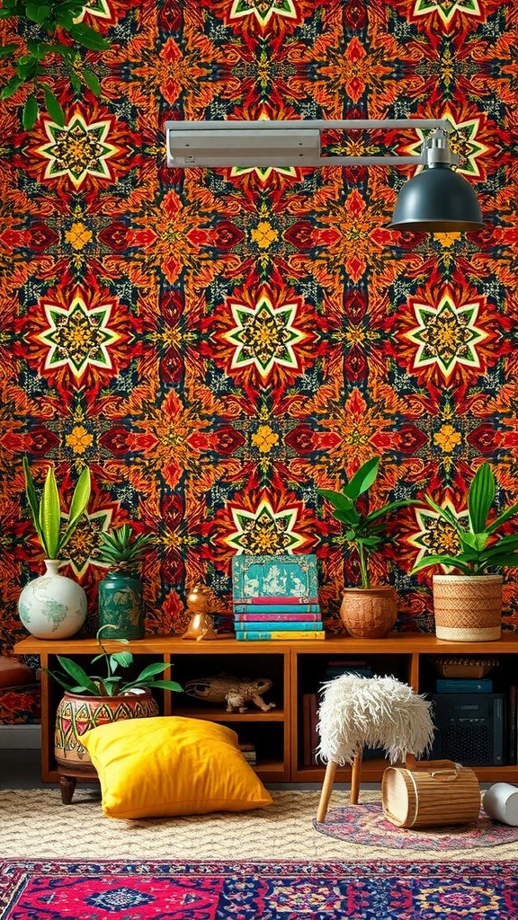 A vibrant Boho-style room featuring bold floral patterned wallpaper in red, yellow, and green, with plants and colorful decor.