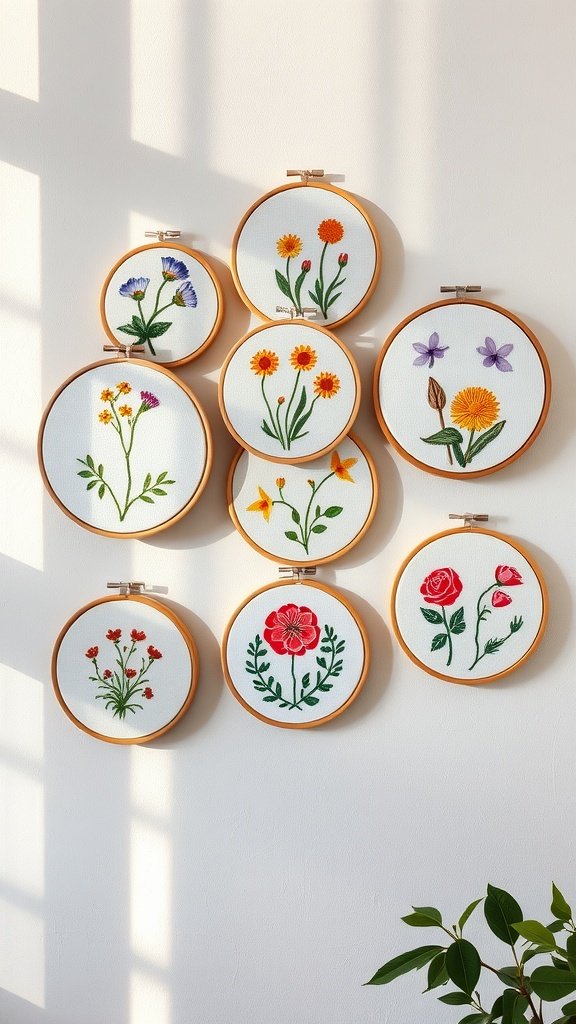 A collection of colorful botanical embroidery hoops displayed on a wall.