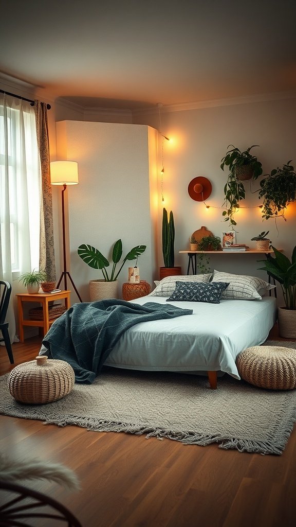 A cozy modern Boho bedroom with a boxspring on the ground, featuring natural elements and soft lighting.