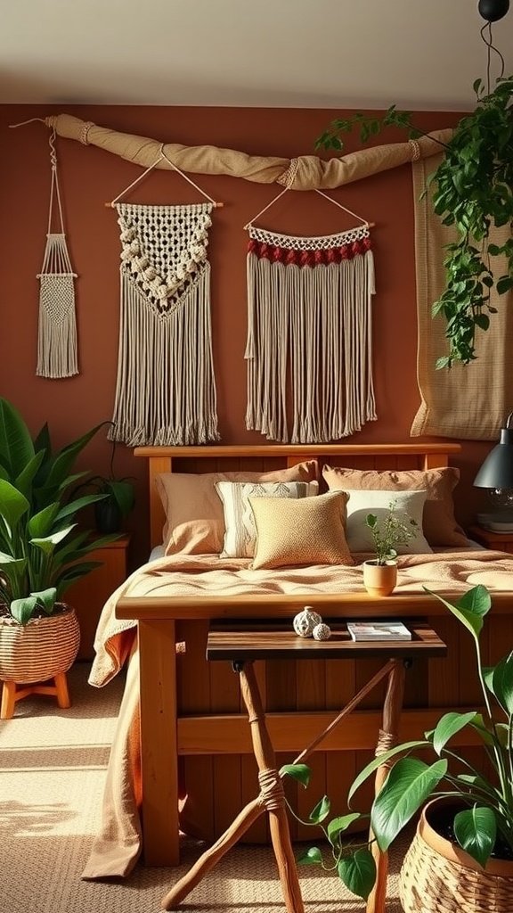 A cozy brown bohemian bedroom featuring macramé wall hangings, plants, and a wooden bed.