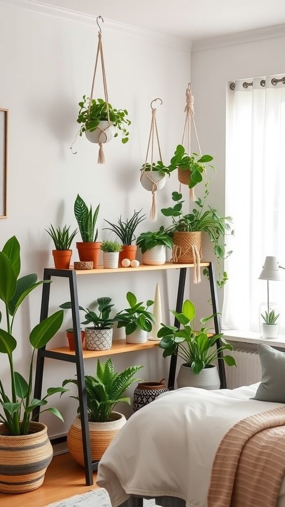 A stylish garden shelf with various indoor plants and a cozy bedroom setting.