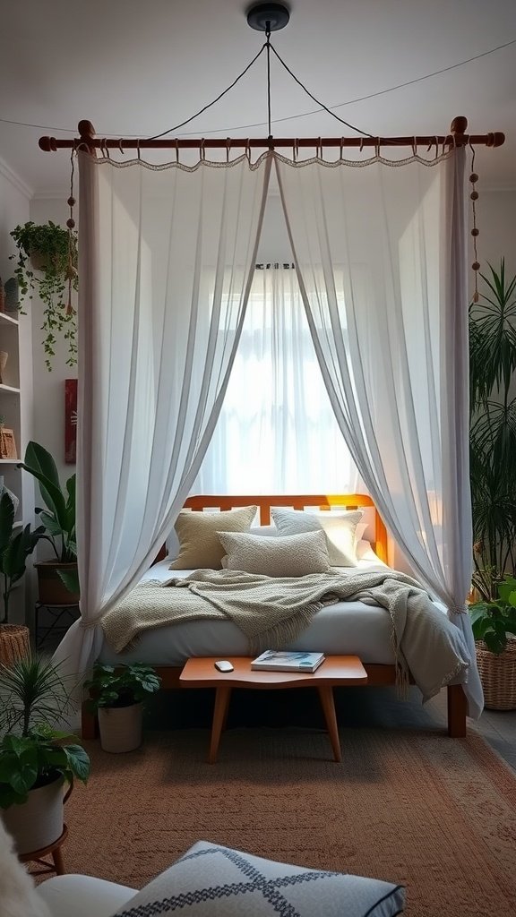 A cozy bedroom featuring a canopy bed with sheer curtains, surrounded by plants and warm decor.