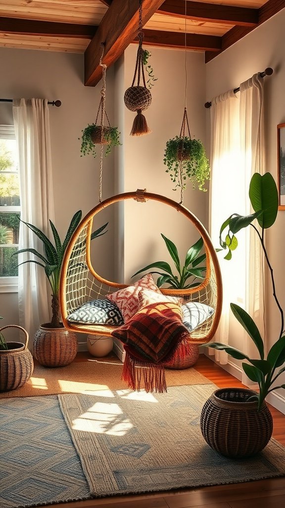 Cozy ceiling swing chair in a modern boho bedroom surrounded by plants and natural light