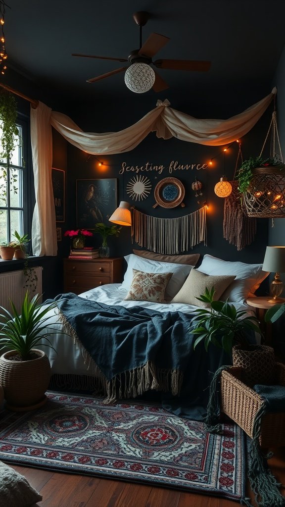 Cozy dark bohemian bedroom with celestial decor, plants, and warm lighting.