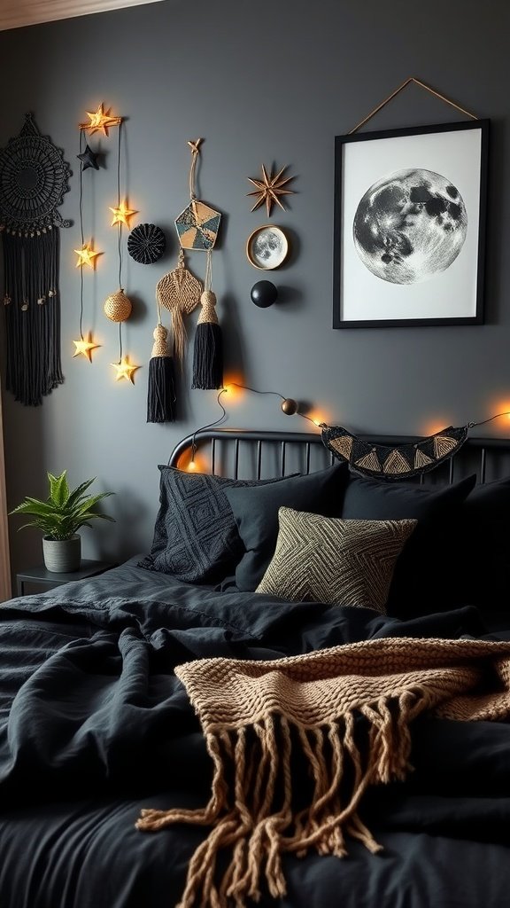 A dark bohemian bedroom featuring gray walls, celestial-themed decor, cozy bedding, and plants.