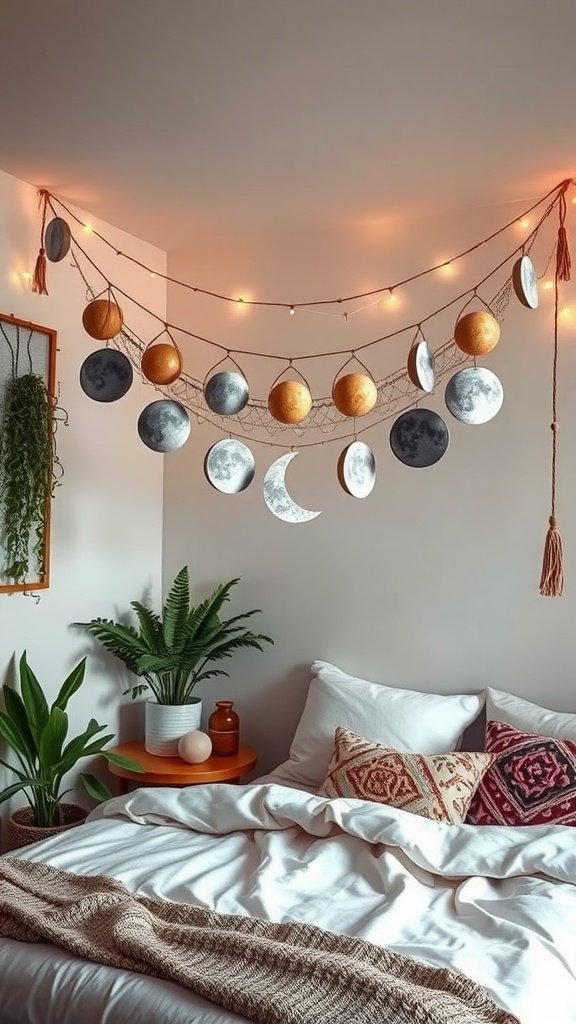 A cozy bedroom featuring a celestial moon phase garland with twinkling lights, plants, and textured bedding.