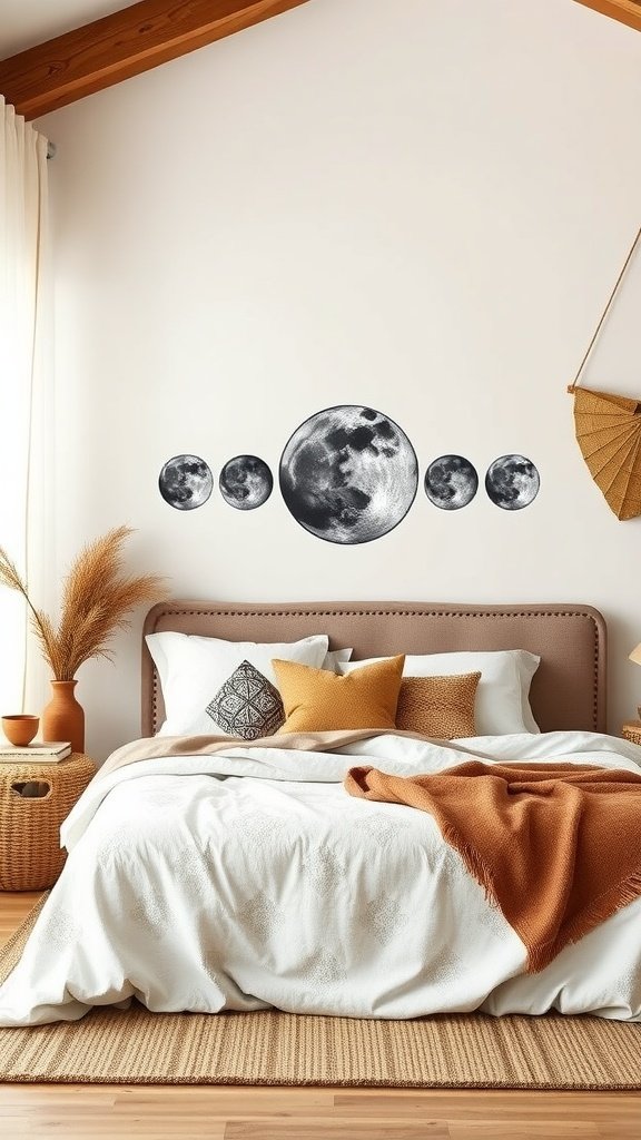 A Boho bedroom featuring a celestial moon phases accent wall with a bed adorned with pillows and blankets.