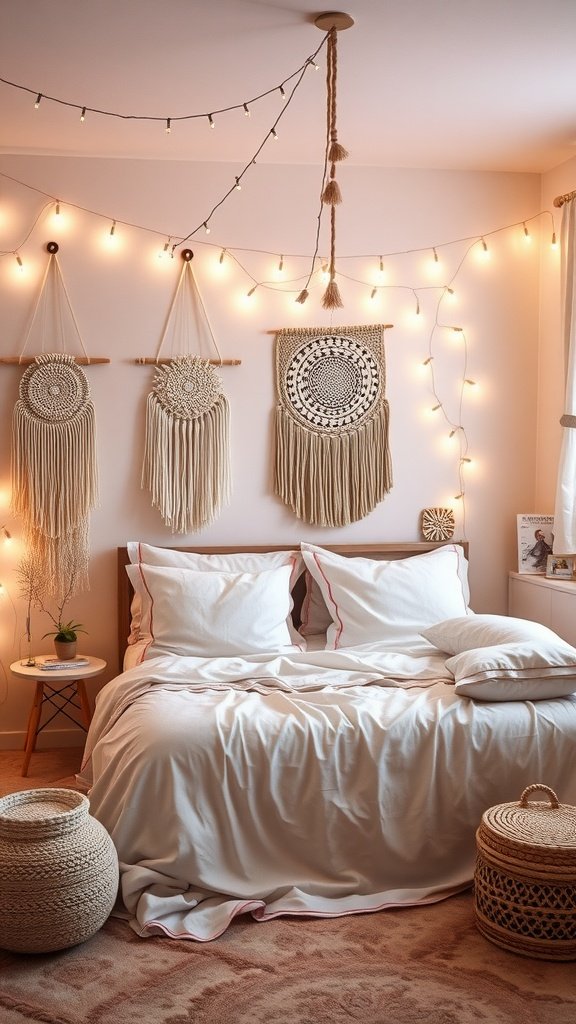 A cozy bohemian bedroom with string lights, macrame wall hangings, and a neatly made bed.