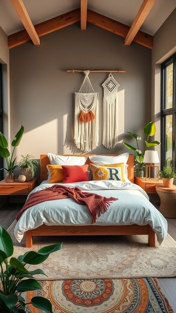 A cozy bedroom featuring a centered bed with decorative pillows, macramé wall hangings, and indoor plants for a boho vibe