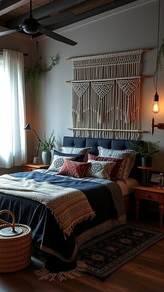 A chic dark boho bedroom featuring a beautifully made bed with rich textiles, a macrame wall hanging, and soft lighting.