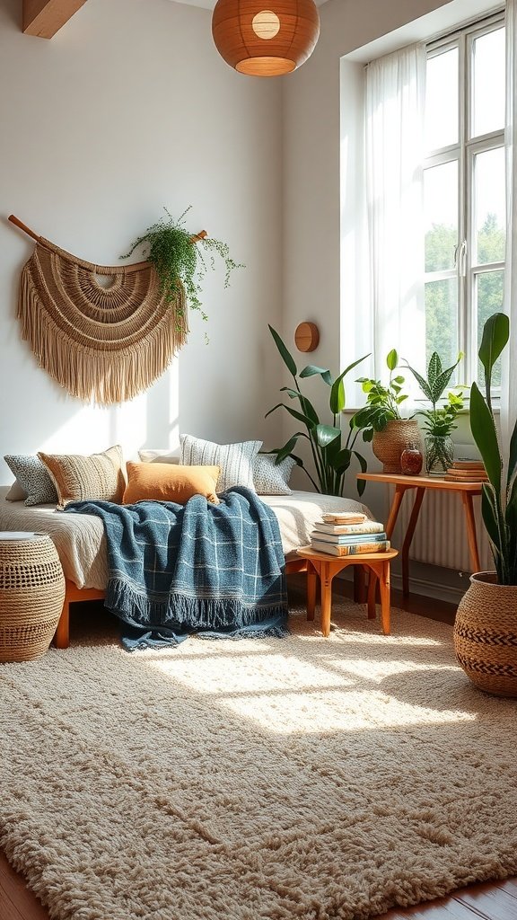 A cozy corner featuring a shag rug, plants, and warm decor.