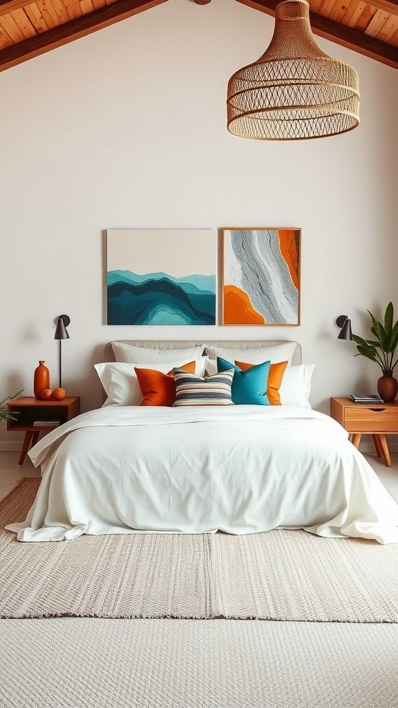 A stylish boho bedroom featuring a white bed with colorful accent pillows, art on the wall, and warm lighting.