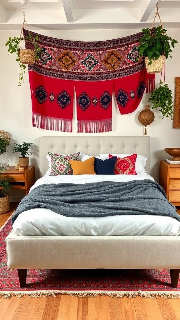 A cozy upholstered bed frame with colorful textiles and decorative pillows in a Boho Mid-Century Modern Bedroom.