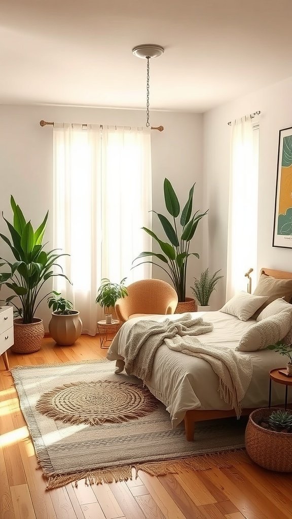 A cozy boho bedroom featuring low-profile furniture, plants, and a light color palette.