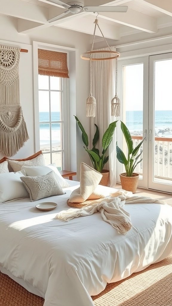 A bright coastal boho bedroom with a large window overlooking the sea, featuring a cozy bed with white bedding, potted plants, and a macramé wall hanging.