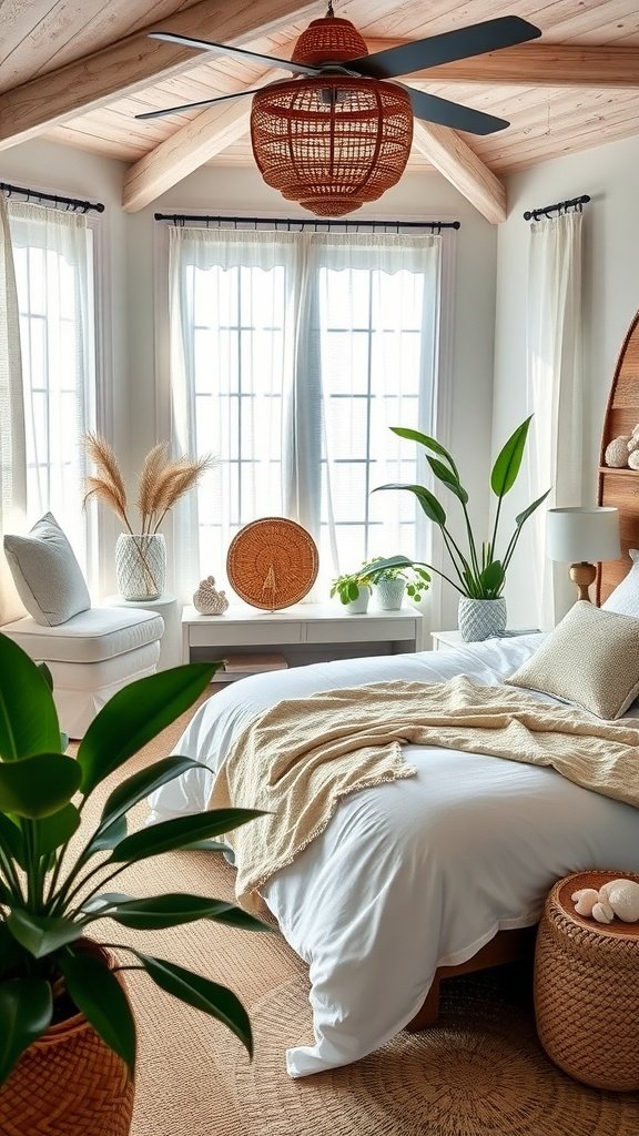 A cozy, airy coastal boho bedroom featuring large windows, soft bedding, plants, and natural textures.