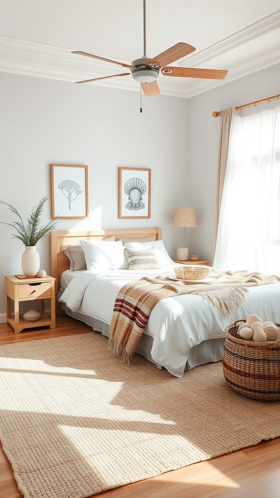 A serene bedroom featuring a jute rug, wooden bed frame, and soft neutral colors, embodying coastal charm.