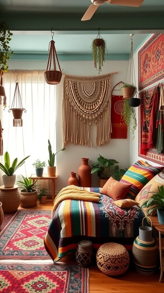 A colorful boho bedroom featuring a striped blanket, hanging plants, and woven wall art.