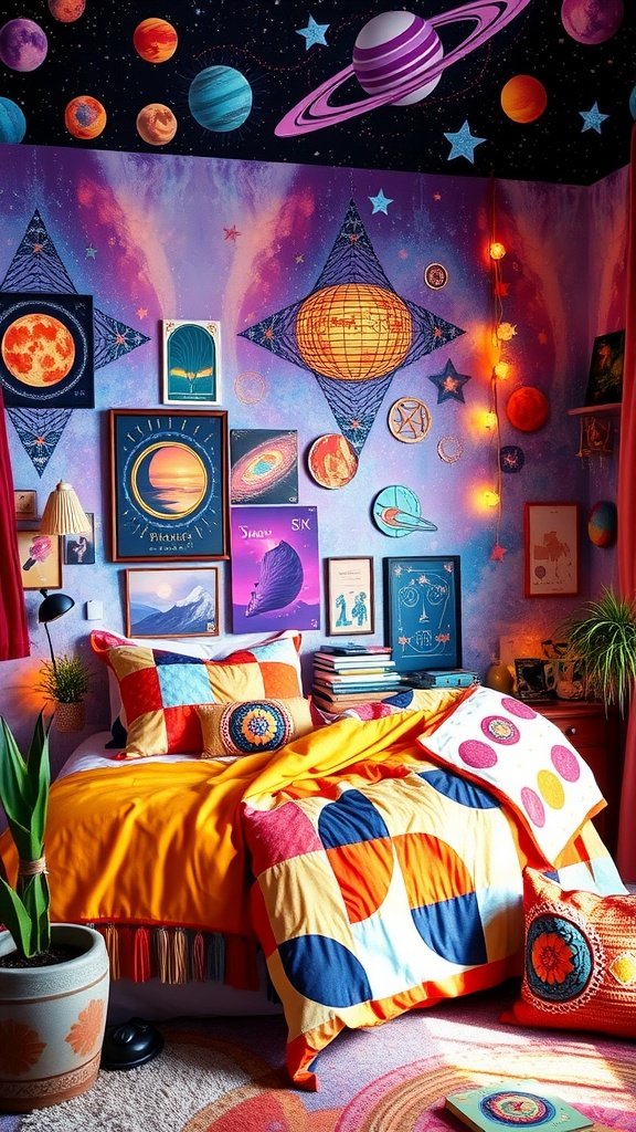 A colorful bohemian bedroom with a cosmic theme featuring vibrant planets on the walls and ceiling, a yellow quilt, and patterned pillows.