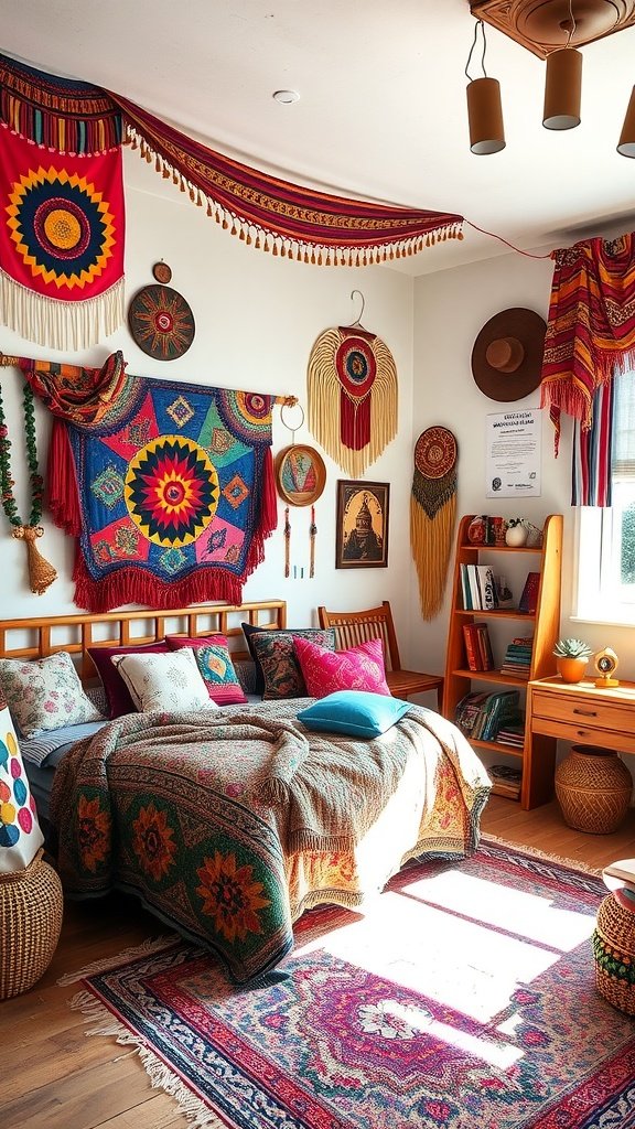 A colorful bohemian-style teenager's bedroom featuring vibrant textiles, tapestries, and natural materials.