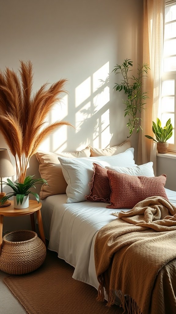 A modern boho bedroom featuring pampas grass and live plants, creating a warm and inviting atmosphere.