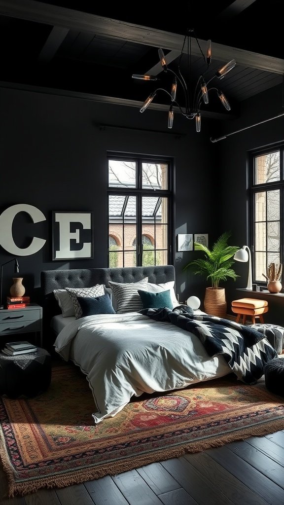 A contemporary boho bedroom featuring black walls, a cozy bed, vibrant decor, and stylish lighting.