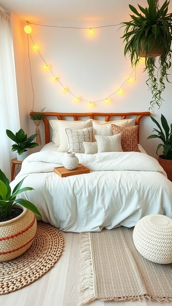 Cozy boho style bedroom with beige elements, plants, and soft lighting.