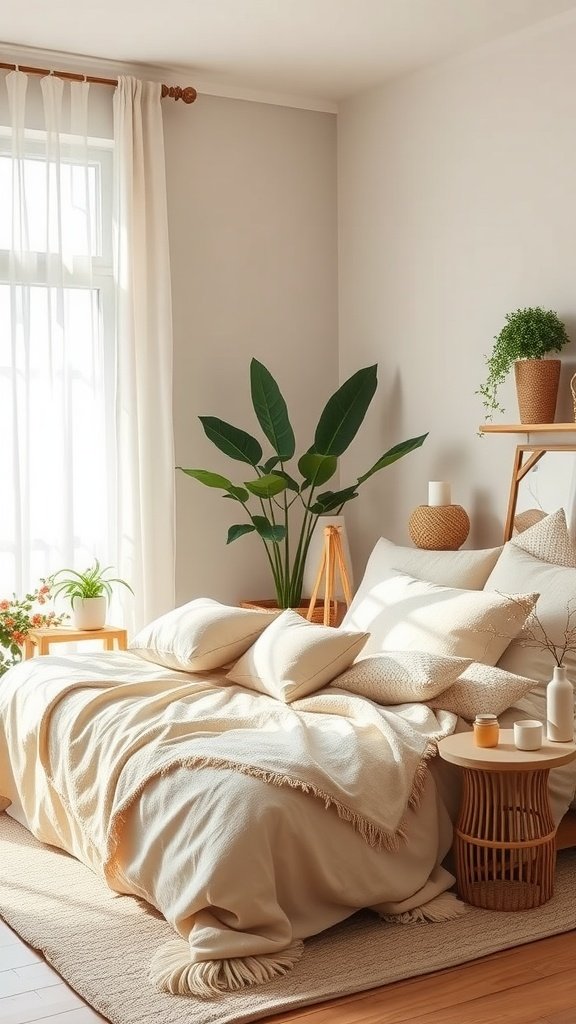 Cozy beige aesthetic bedroom with a bed, pillows, plants, and natural light