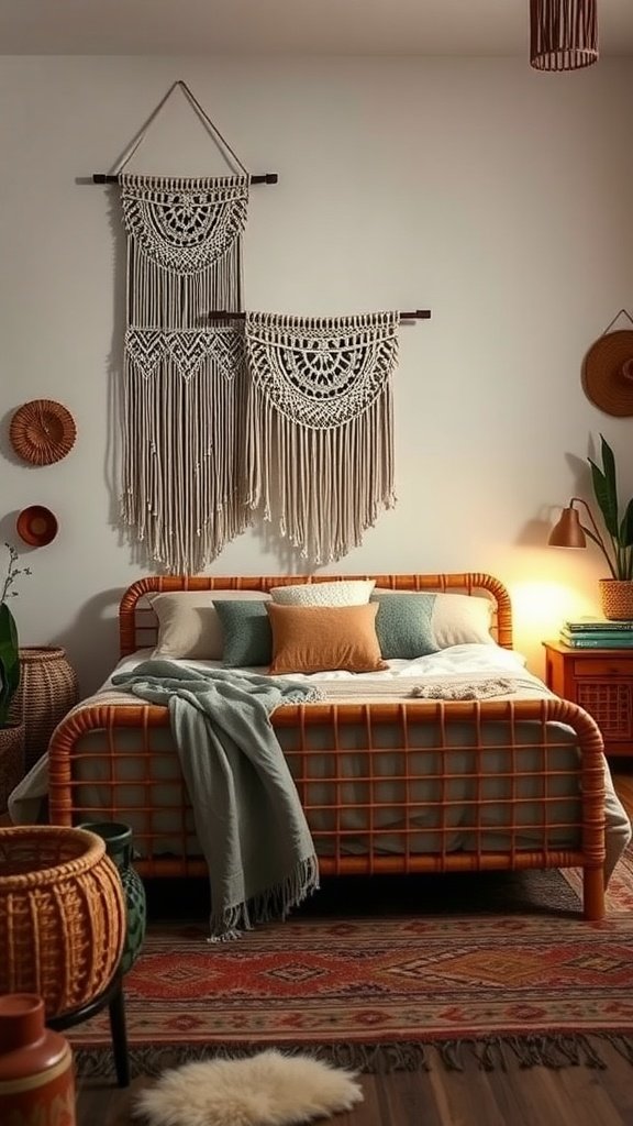 A cozy Boho style bedroom featuring a rattan bed, macramé wall hangings, and earthy decor.