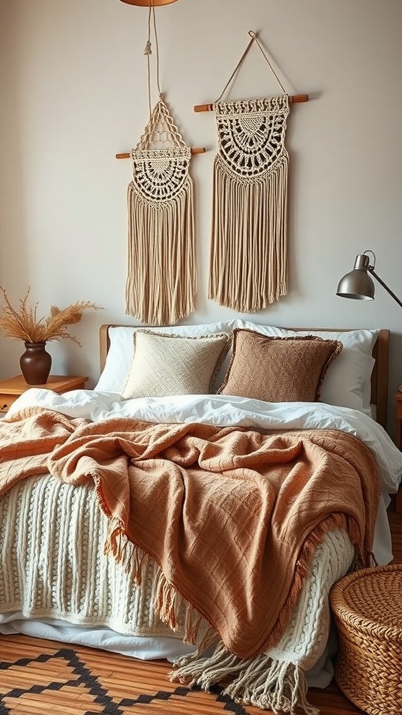 A cozy boho bedroom featuring layered textiles, macramé wall hangings, and a warm color palette.