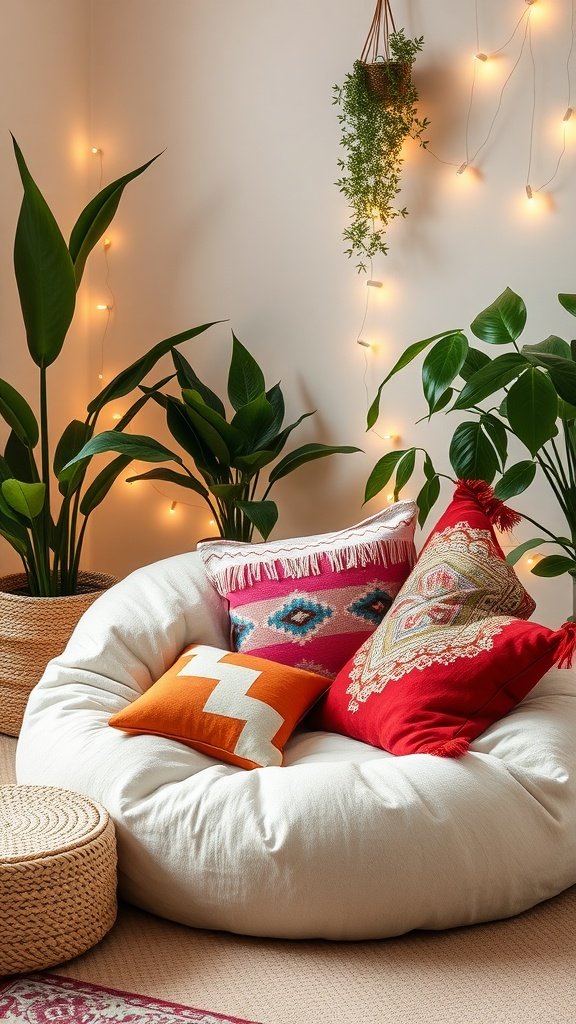 Cozy corner in a Boho bedroom featuring a bean bag chair, colorful pillows, plants, and fairy lights.