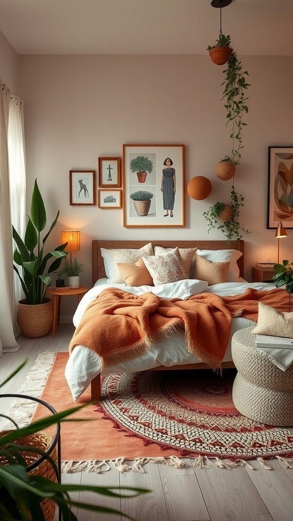 Cozy Boho style bedroom with rose gold accents, warm colors, and hanging plants.