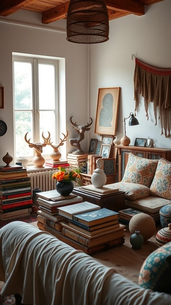 A cozy modern boho bedroom with stacked books, decorative items, and soft furnishings.