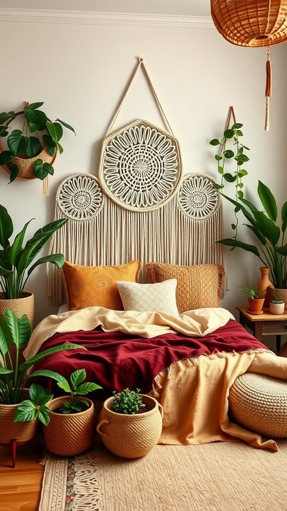 A cozy boho bedroom featuring a macrame headboard, layered blankets, and potted plants.