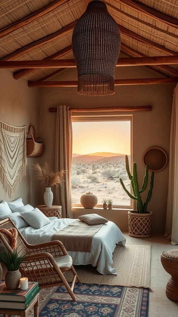 A beautifully styled desert boho chic bedroom featuring a cozy bed, rattan chair, and large window showing a sunset view.