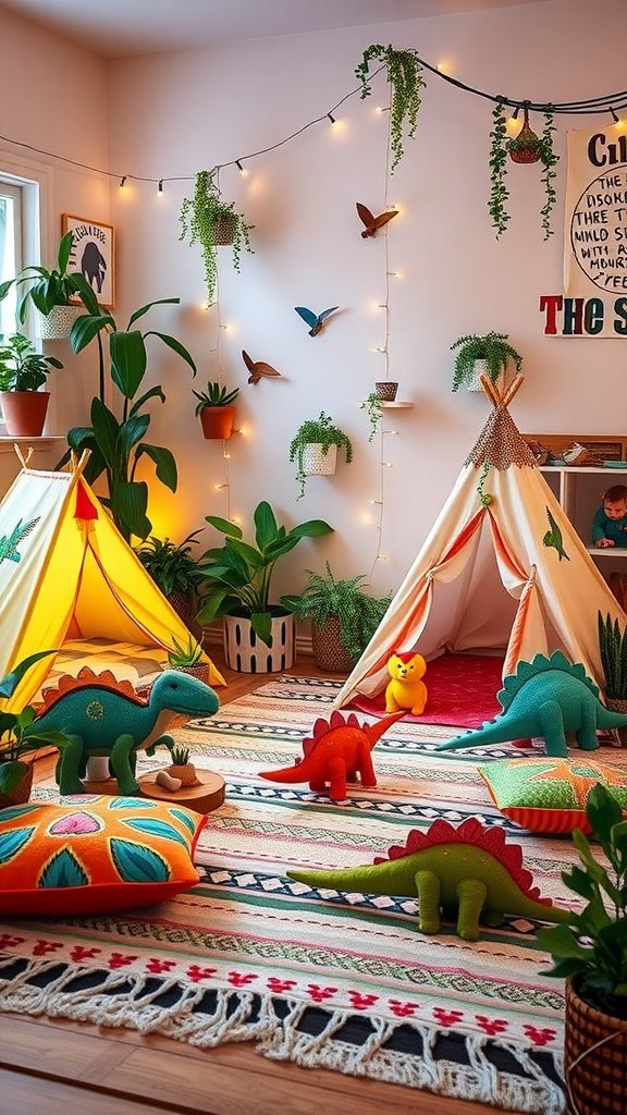 A colorful boho kids room with dinosaur toys, tents, and plants