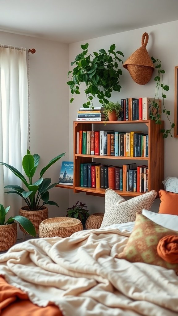 Cozy bedroom with a wooden bookshelf filled with colorful books, plants, and woven baskets.