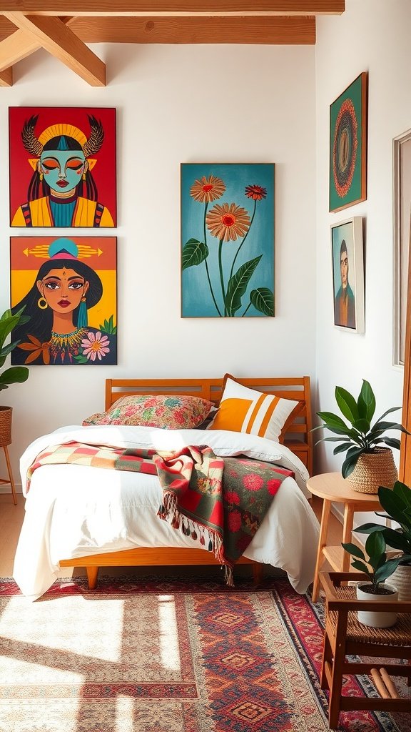 A cozy bedroom featuring vibrant Bohemian artworks on the wall, with a bed adorned in colorful blankets and decorative pillows.